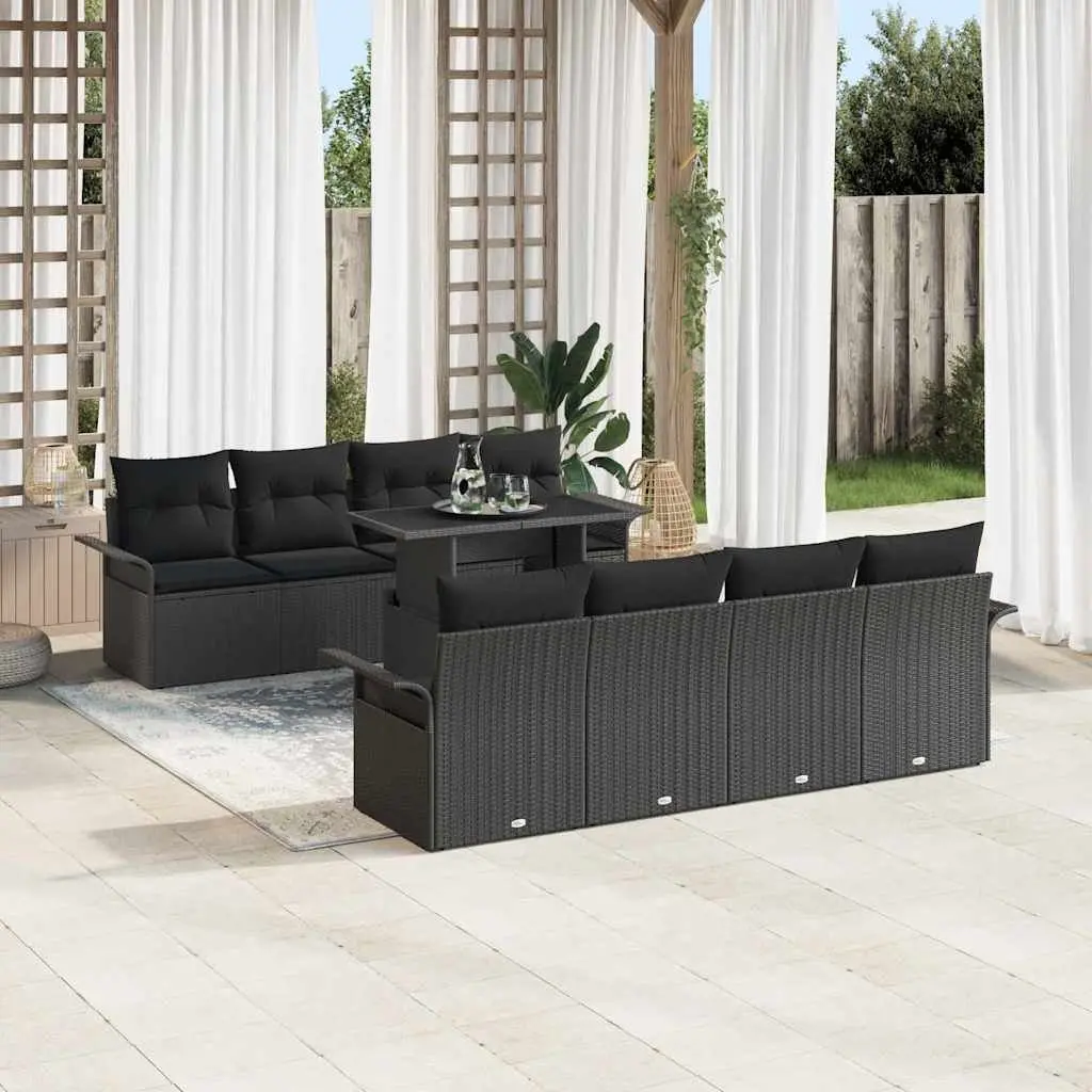 Modular Garden Sofa Set Black 9 Piece Outdoor Furniture Poly Rattan with Tempered Glass Table