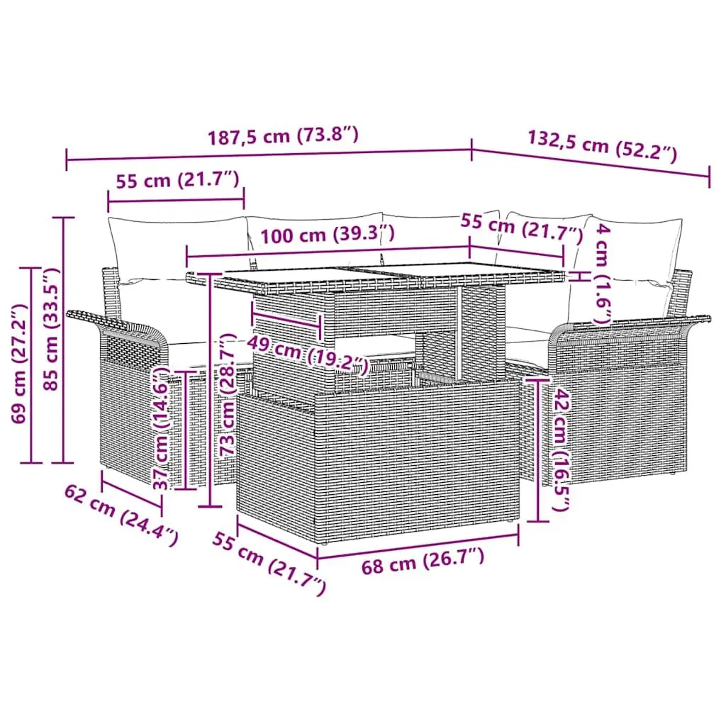 Garden Sofa Set 5 Piece Modular Outdoor Furniture Grey Poly Rattan with Cushions