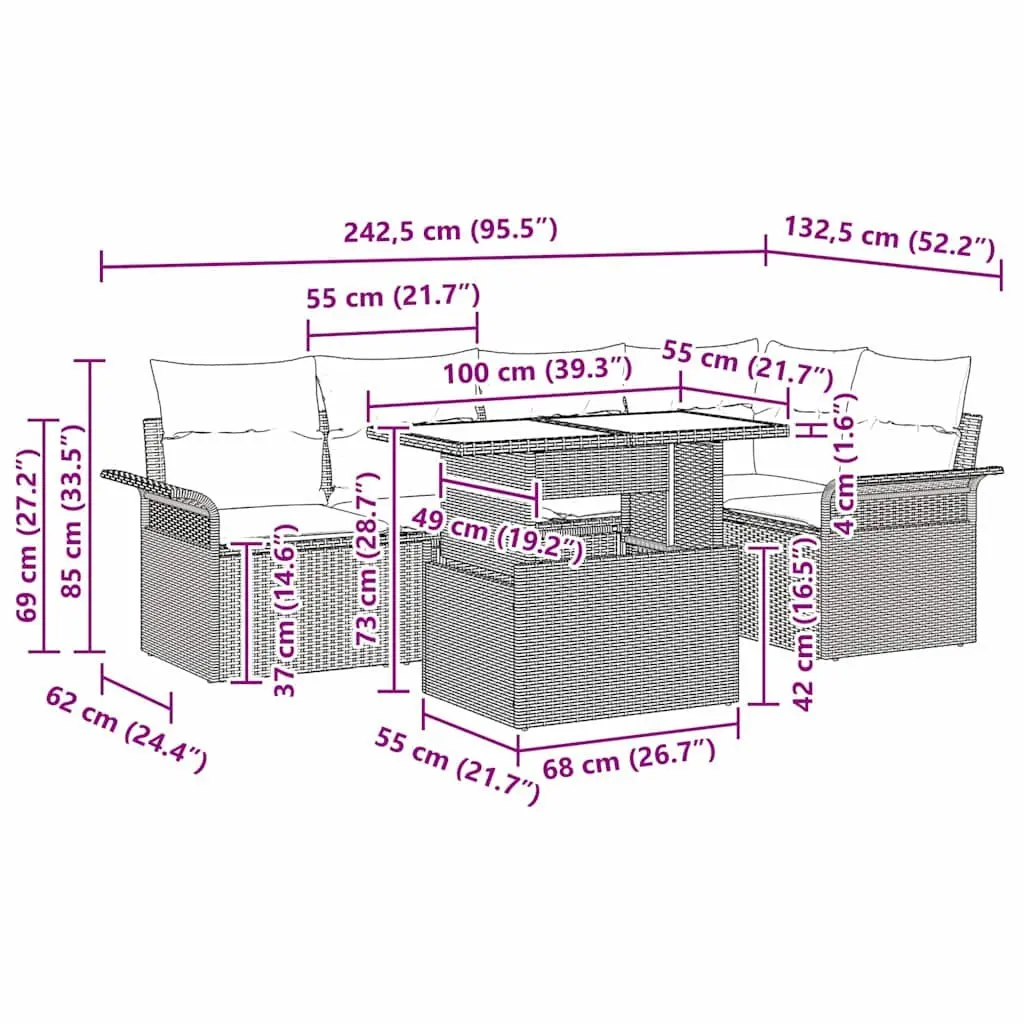 Garden Sofa Set Grey 6 Piece Modular Outdoor Furniture Poly Rattan with Cushions