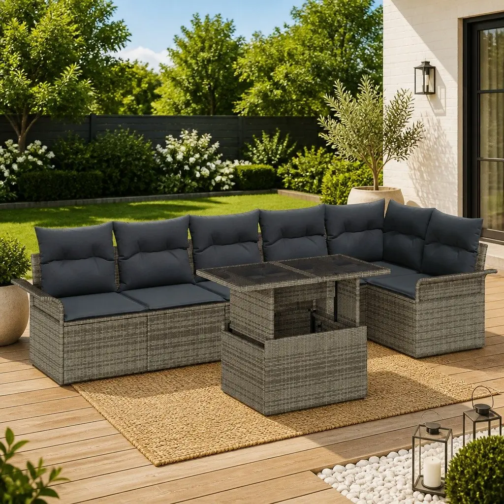 Modular 7 Piece Garden Sofa Set Grey Poly Rattan Cushions Outdoor Lounge with Table and Footstools