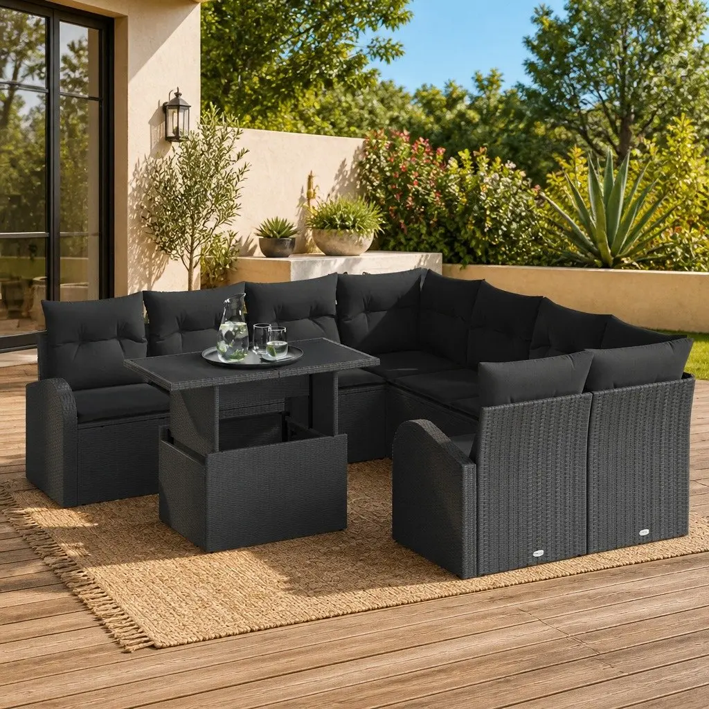 Outdoor Garden Sofa Set Black Modular Sectional Lounge 9 Piece with Cushions