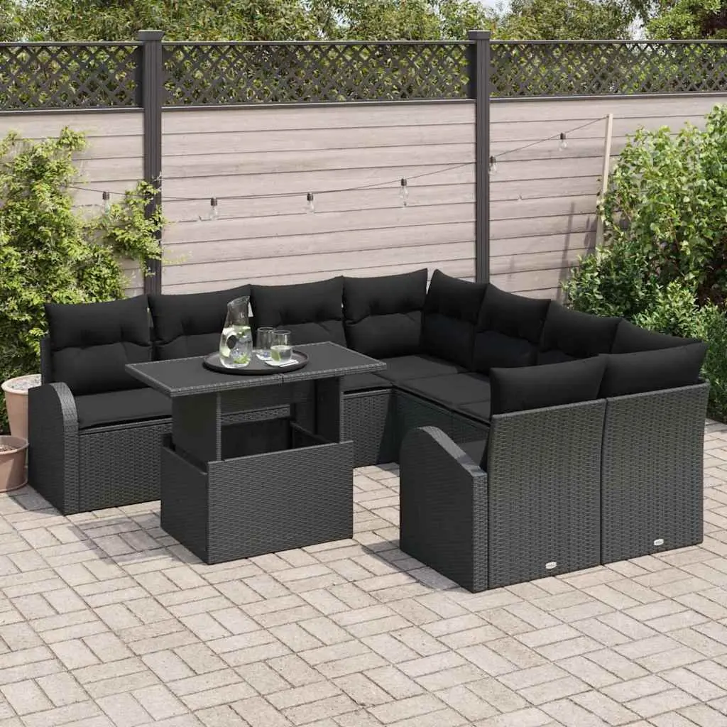 Outdoor Garden Sofa Set Black Modular Sectional Lounge 9 Piece with Cushions