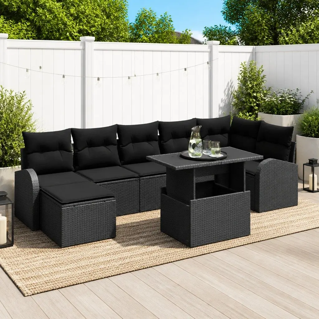 Modular Garden Sofa Set Black 8 Piece Outdoor Furniture Poly Rattan Weather Resistant with Cushions and Tempered Glass Tabletop