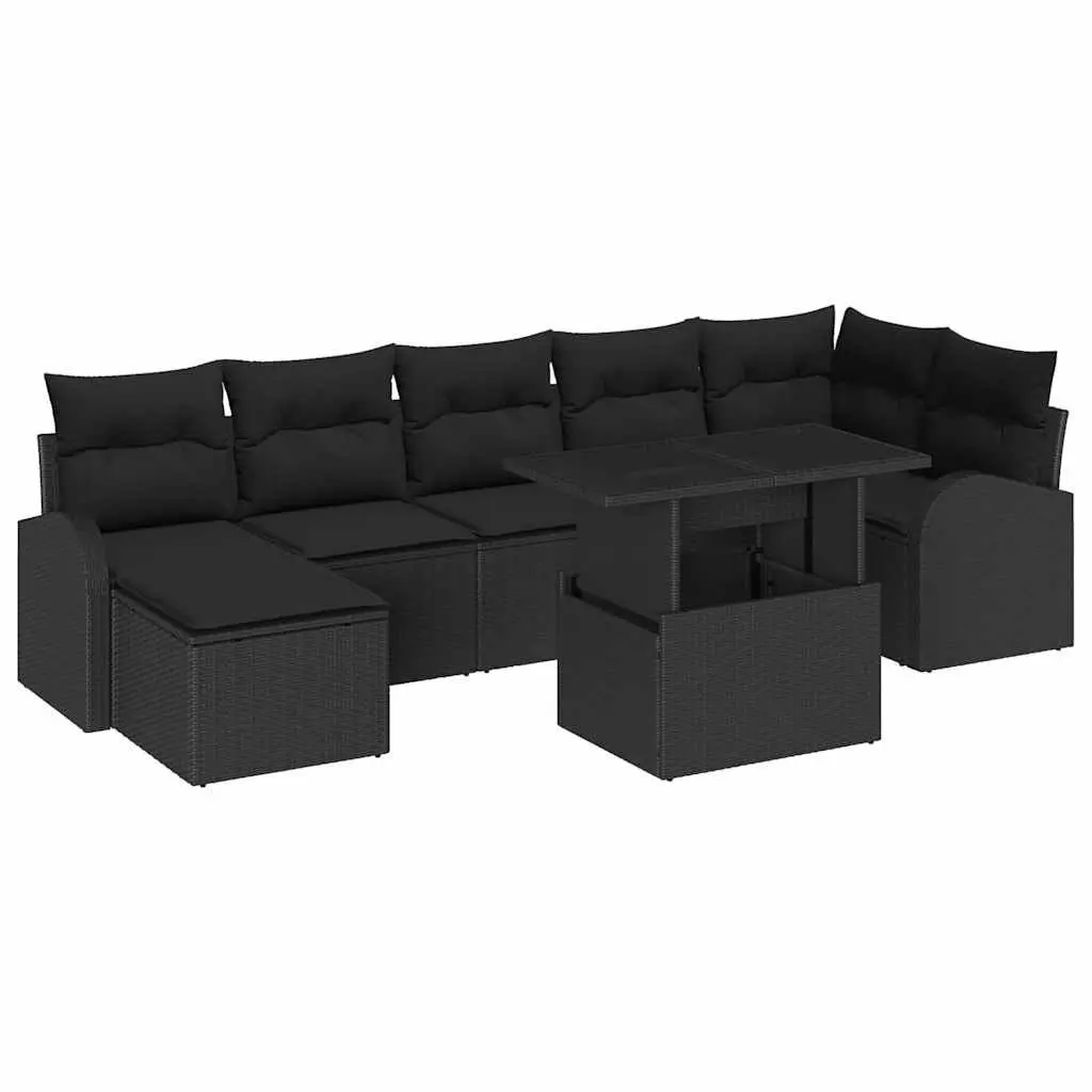 Modular Garden Sofa Set Black 8 Piece Outdoor Furniture Poly Rattan Weather Resistant with Cushions and Tempered Glass Tabletop