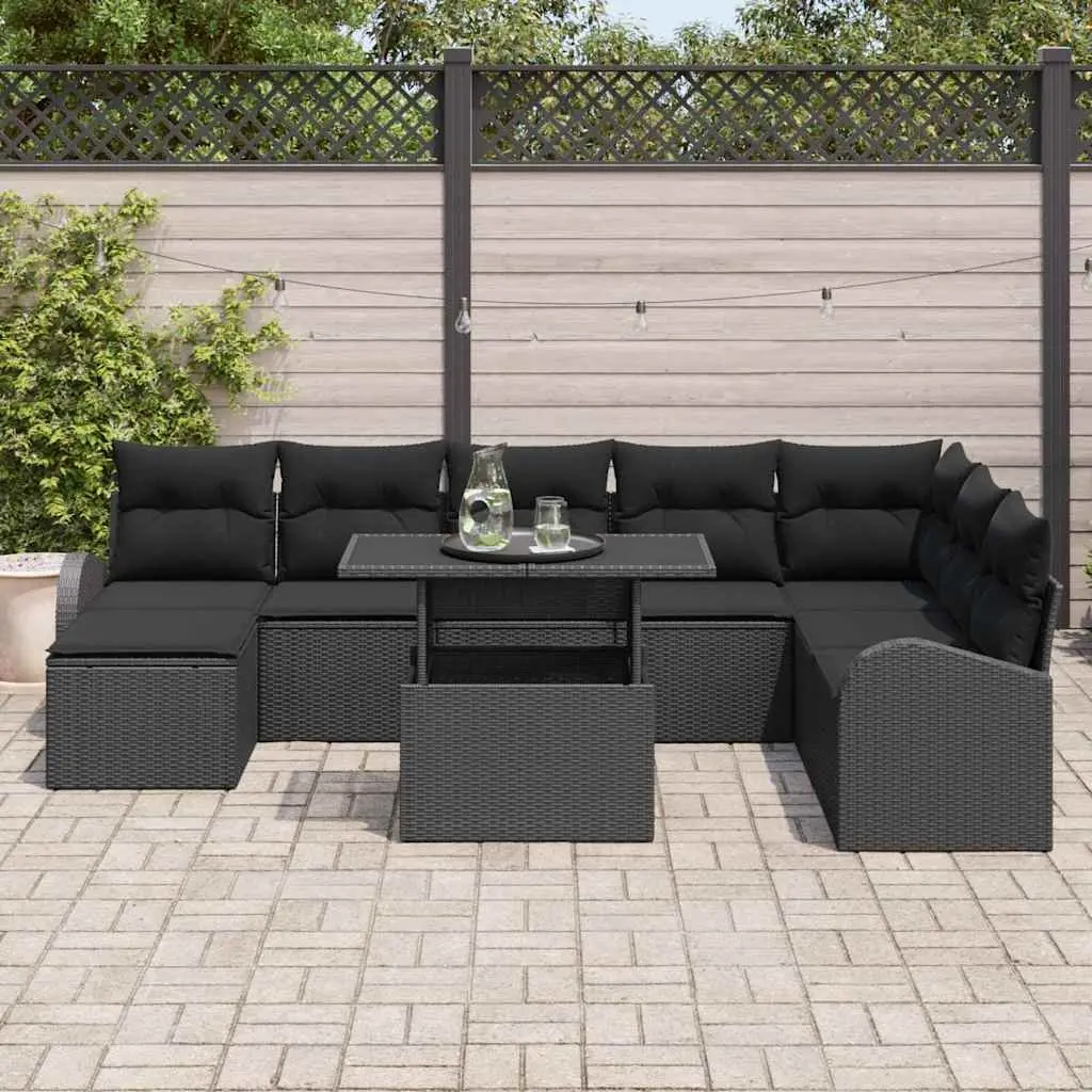 Modular Garden Sofa Set Black 9 Piece Outdoor Furniture Patio Seating with Adjustable Table