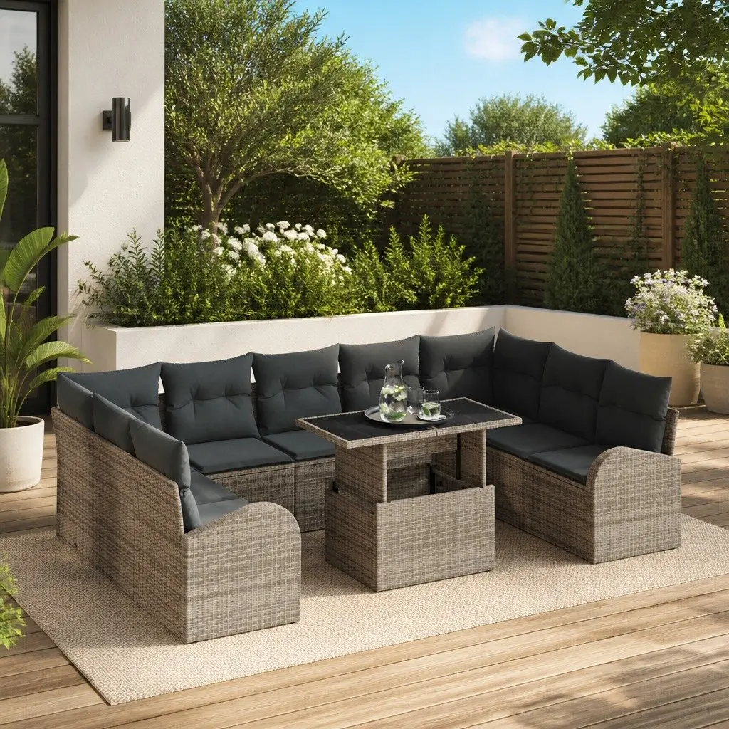 Modular Garden Sofa Set Grey 10 Piece Poly Rattan Outdoor Furniture with Height Adjustable Table