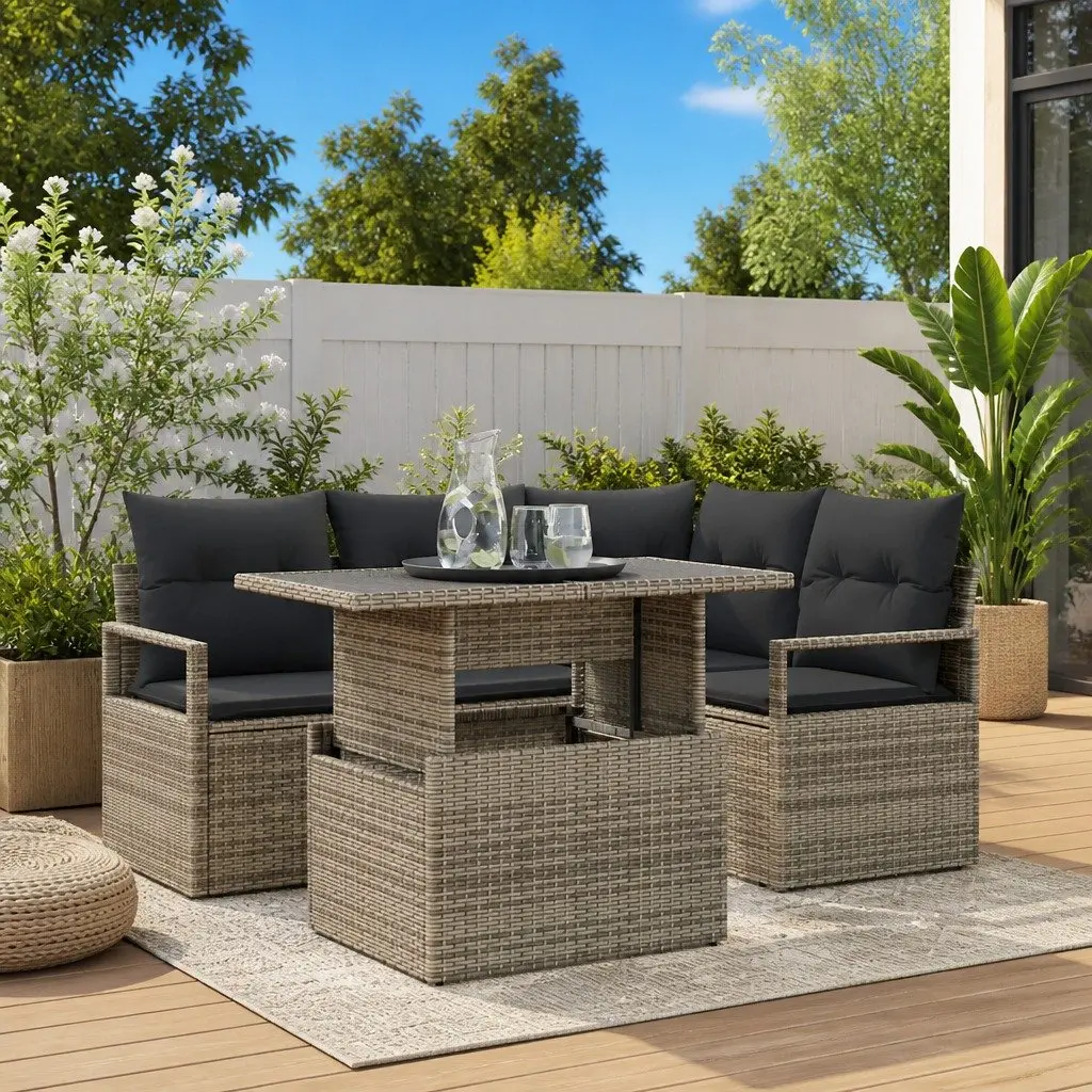 Modular Outdoor Sofa Set Grey 5 Piece Poly Rattan Sectional with Adjustable Layout and Glass Top Table