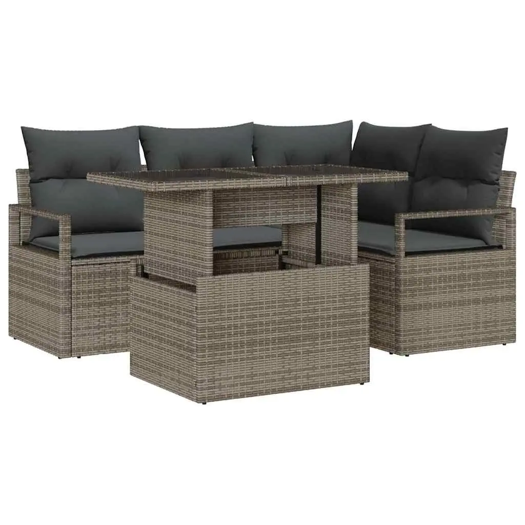 Modular Outdoor Sofa Set Grey 5 Piece Poly Rattan Sectional with Adjustable Layout and Glass Top Table