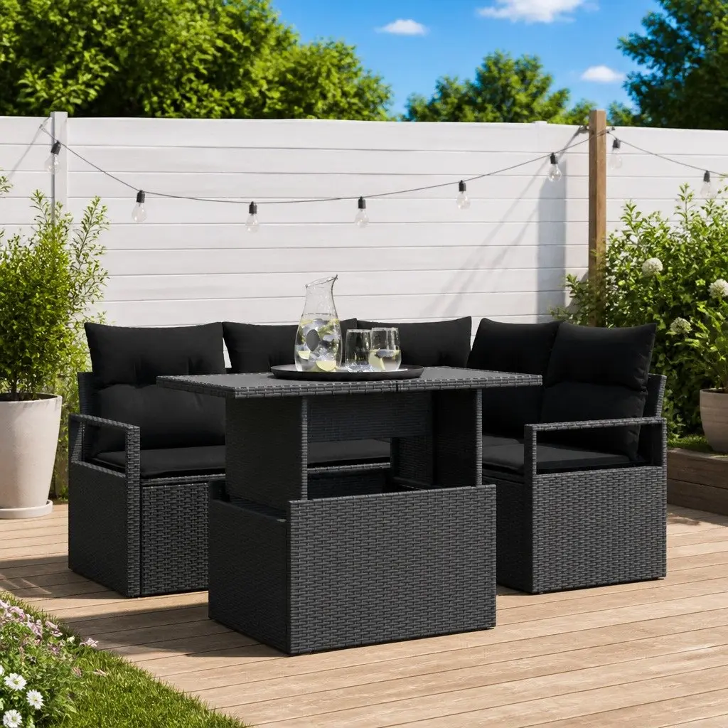 Garden Sofa Set Black 5 Pieces Modular Sectional Poly Rattan Outdoor Furniture