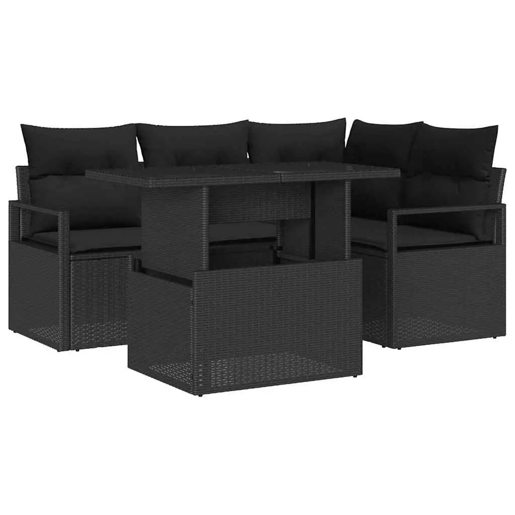 Garden Sofa Set Black 5 Pieces Modular Sectional Poly Rattan Outdoor Furniture