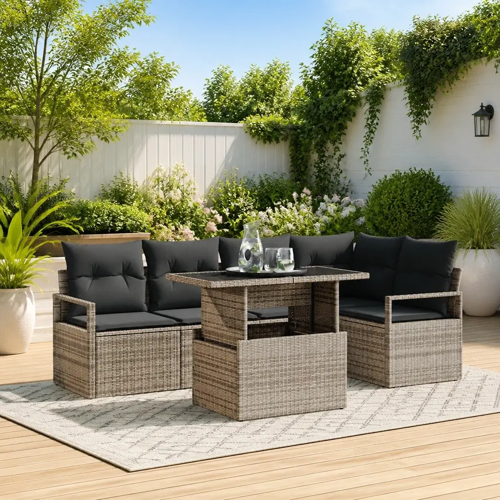 Garden Sofa Set Grey 6 Piece Modular Outdoor Seating Poly Rattan with Glass Table