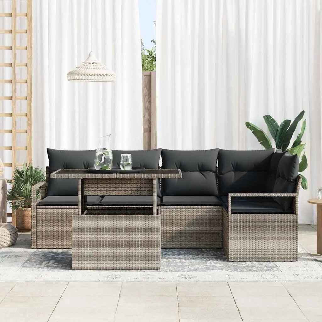 Garden Sofa Set Grey 6 Piece Modular Outdoor Seating Poly Rattan with Glass Table