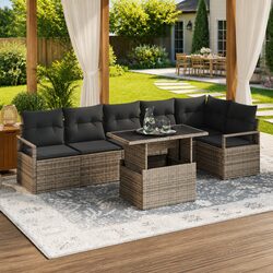7-Piece Grey Poly Rattan Garden Sofa Set with Functionality