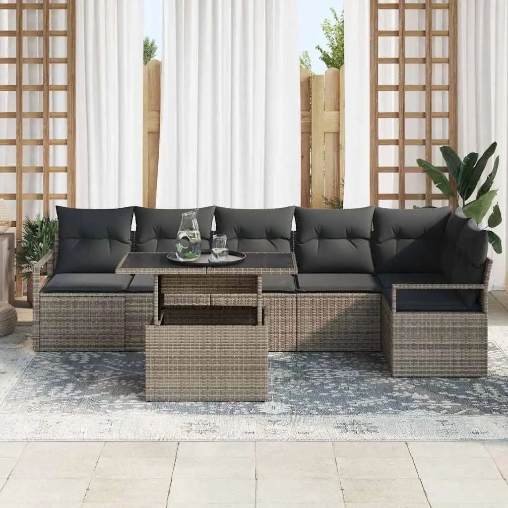 Garden Sofa Set Grey 7-Piece Outdoor Furniture Adjustable Table Weather-Resistant Cushions Poly Rattan Armrests Integrated Storage