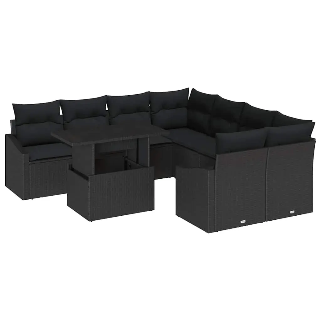 Modular Garden Sofa Set Black 9 Piece Outdoor Furniture Poly Rattan with Glass Table