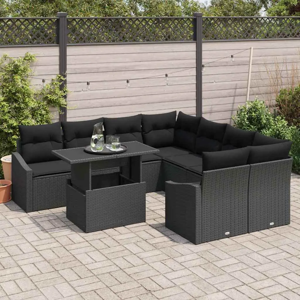 Modular Garden Sofa Set Black 9 Piece Outdoor Furniture Poly Rattan with Glass Table