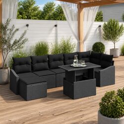 Outdoor Sofa Set 8 Pieces Black Poly Rattan Steel Frame Garden Furniture Modular