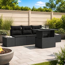 Outdoor Garden Sofa Set 5 pcs Black Poly Rattan Modular Seating Cushions