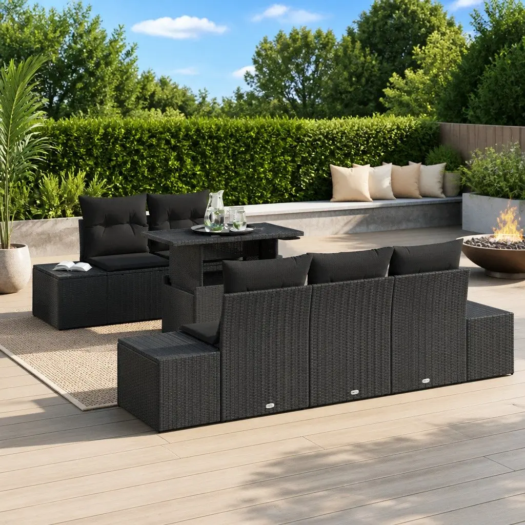 Garden Sofa Set Black 6 Piece Modular Poly Rattan Steel Frame Outdoor Lounge