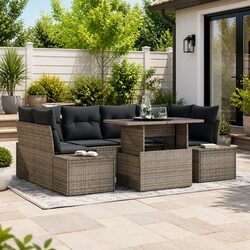 7-Piece Garden Sofa Set Grey Poly Rattan Outdoor Seating Adjustable Dining Table
