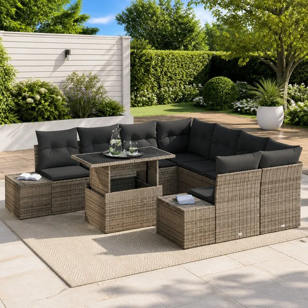 Garden Sofa Set Grey 9 Piece Modular Outdoor Seating Poly Rattan with Cushions