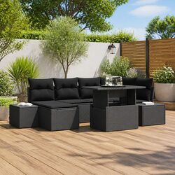 7-Piece Garden Sofa Set Black Poly Rattan Outdoor Furniture Patio Lounge with