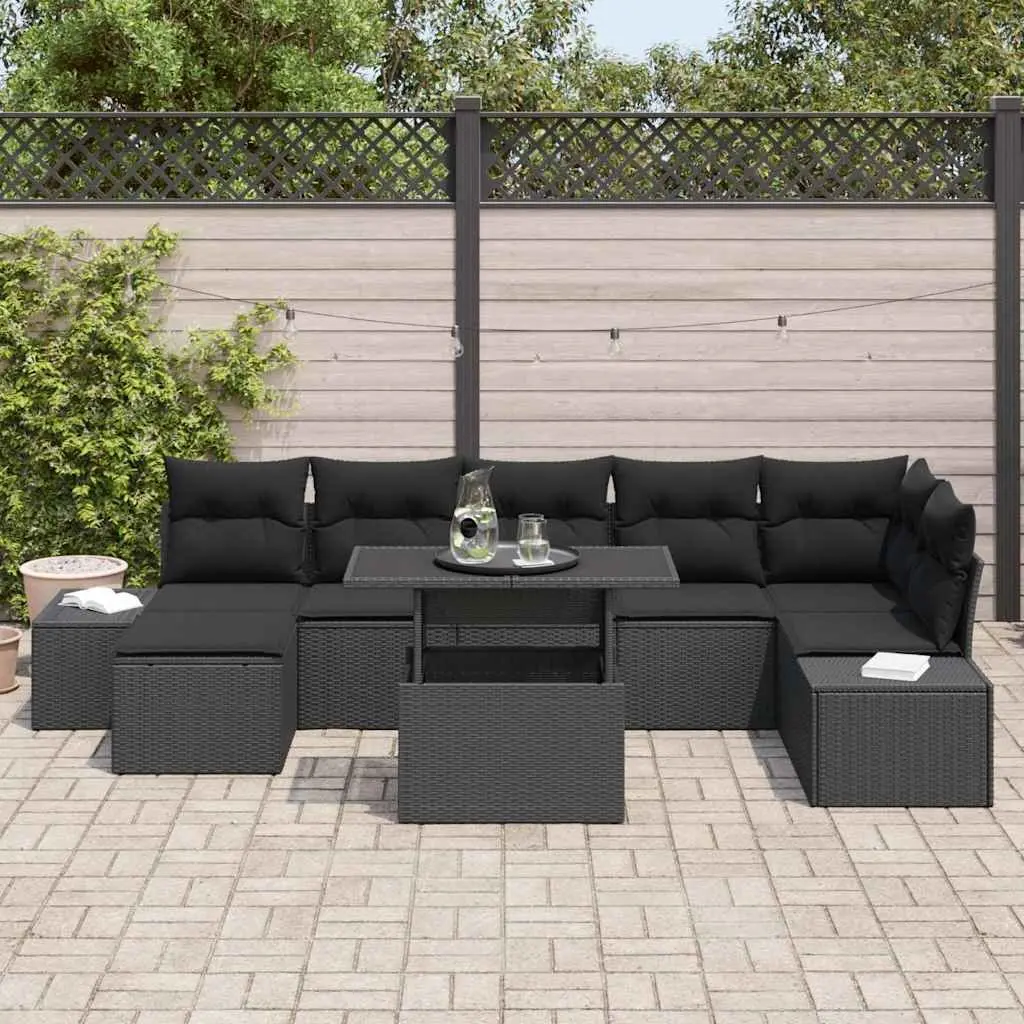 Garden Sofa Set Black 8 Piece Poly Rattan Outdoor Furniture Sectional with Adjustable Table and Hidden Storage