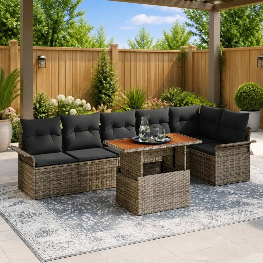 Grey Poly Rattan Garden Sofa Set 7 Piece Outdoor Modular Lounge Dining Set