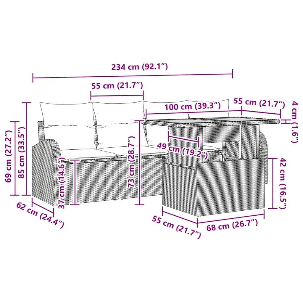 Garden Sofa Set Grey 5 Piece Modular Outdoor Furniture with Storage Table