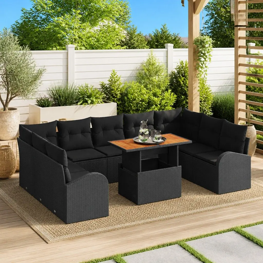 Garden Sofa Set 10 pcs Outdoor Furniture Modular Black Poly Rattan with Storage