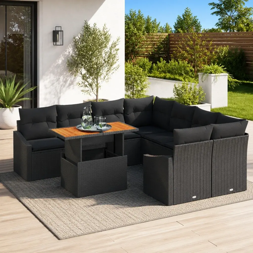 Outdoor Garden Sofa Set 9 Pcs Modular Sectional Black Poly Rattan Storage