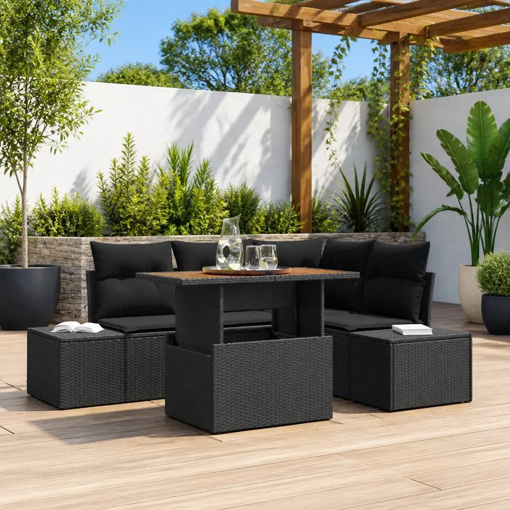 Outdoor Garden Sofa Set Black 5 Piece Modular Rattan Furniture with Storage