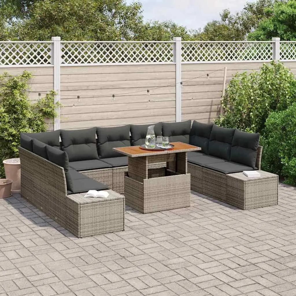 Garden Sofa Set Grey 10 Piece Modular Rattan Sectional with Storage Compartments