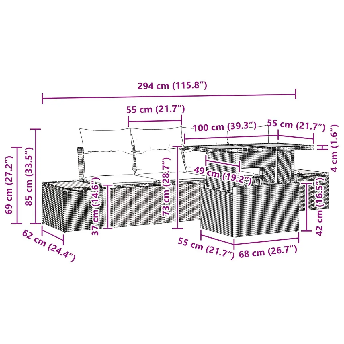 Outdoor Garden Sofa Set 5 Pieces Black Modular Patio Furniture Storage Rattan