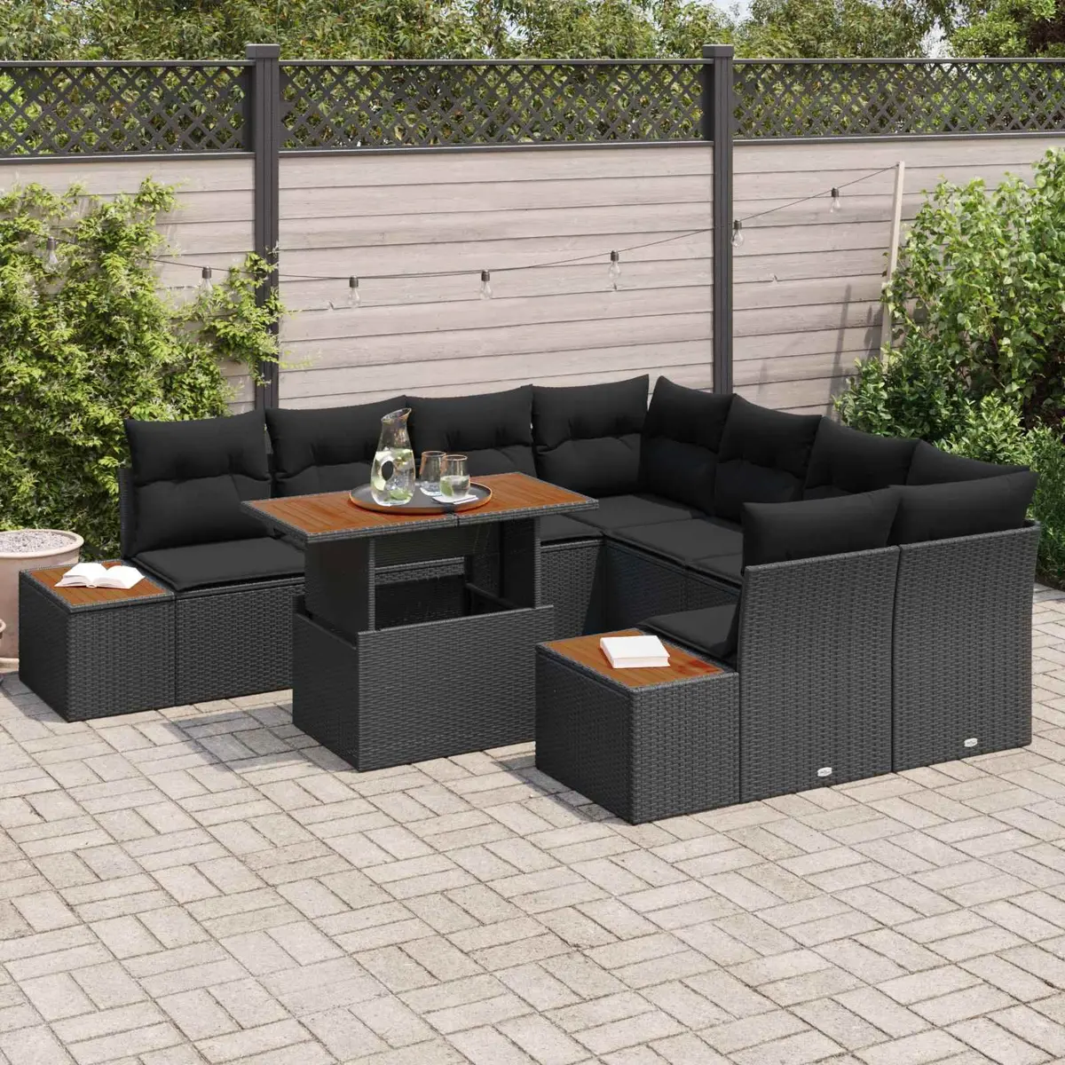 Outdoor Garden Sofa Set 9 Piece Black Poly Rattan Furniture with Storage
