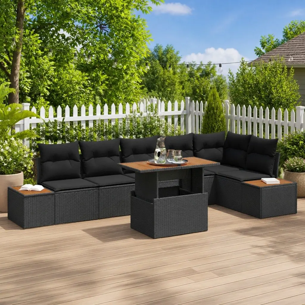 Outdoor Rattan Sofa Set Black 7 Piece Modular with Storage