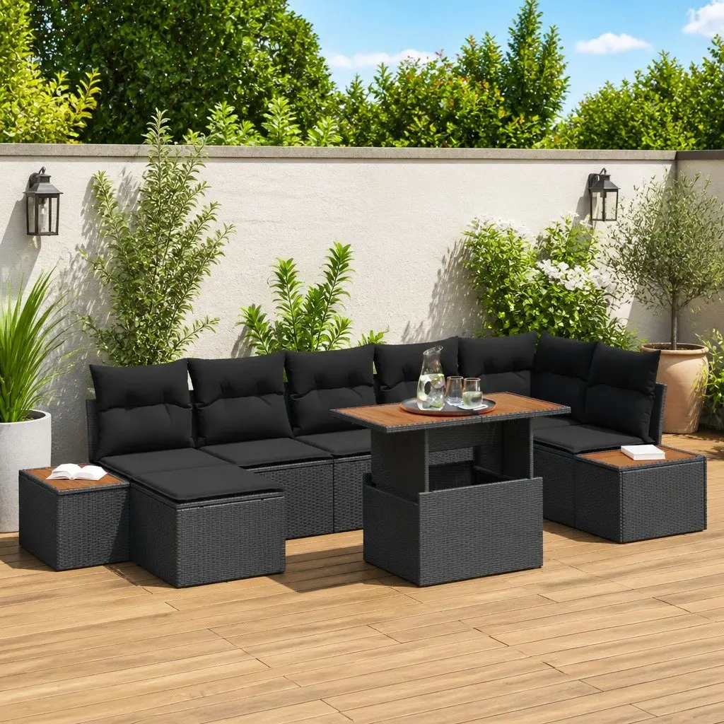 Garden Sofa Set 8 Piece Outdoor Furniture Black Poly Rattan with Storage
