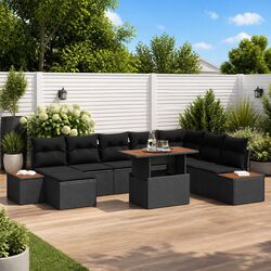 Garden Sofa Set 9 Pieces Black Poly Rattan Outdoor Furniture with Storage