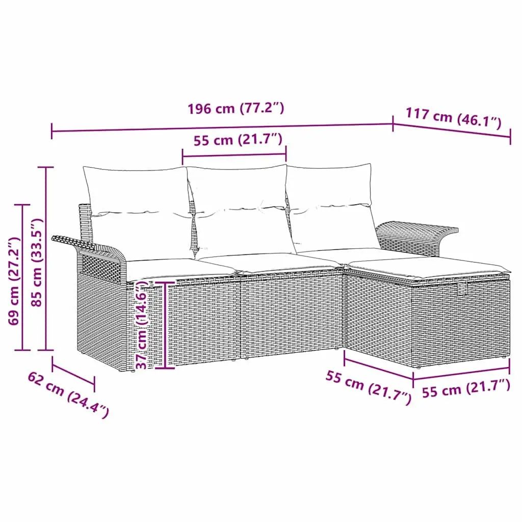 Modular Garden Sofa Set Grey 4 Pieces Weather Resistant Poly Rattan