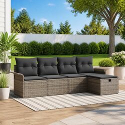 Garden Sofa Set 5 Pieces Grey Poly Rattan Outdoor Seating with Cushions Storage