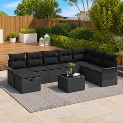Outdoor Garden Sofa Set 9 Pieces Black Poly Rattan Modular Patio Furniture with