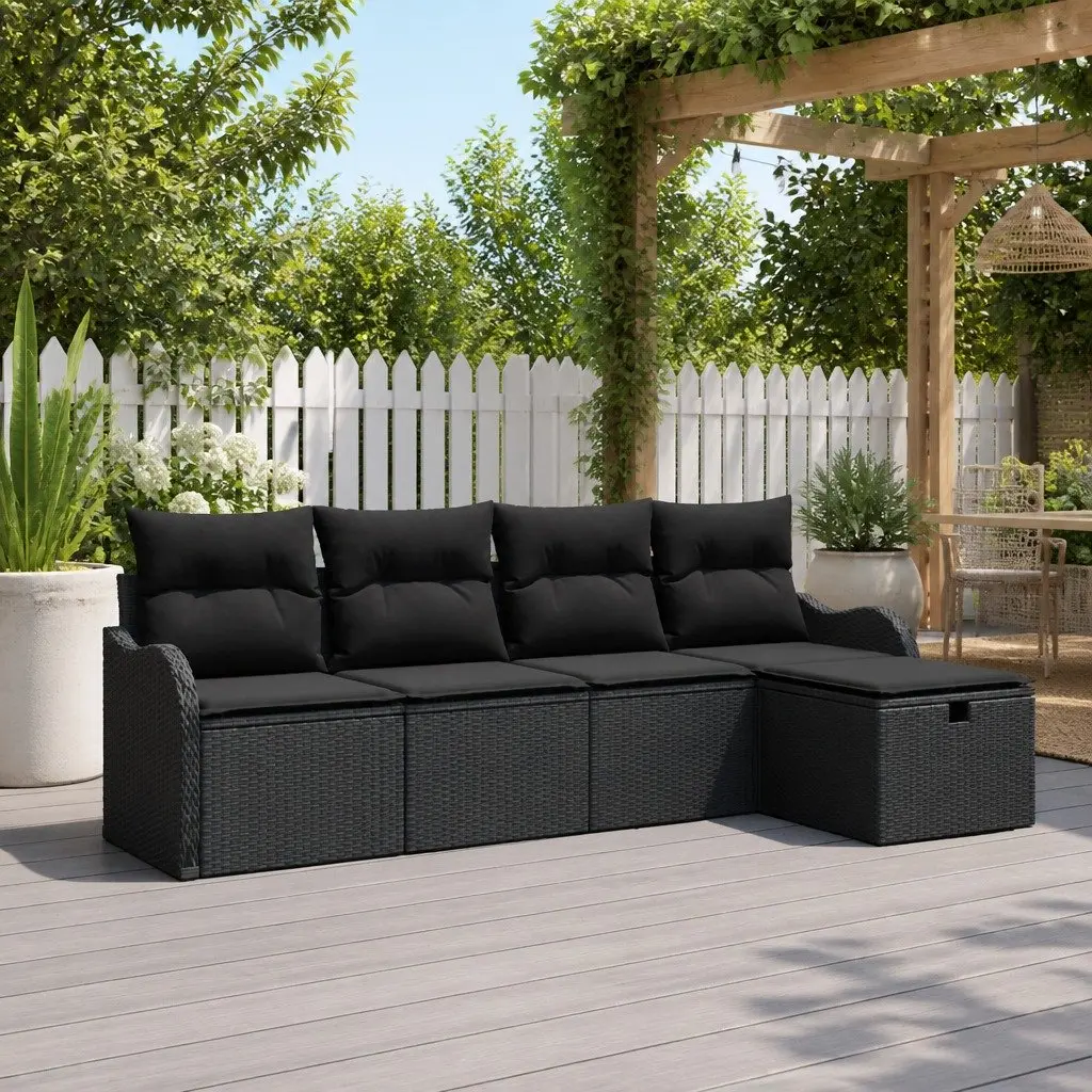 Modular Garden Sofa Set Black 5 Pieces Poly Rattan Outdoor Seating with Cushions