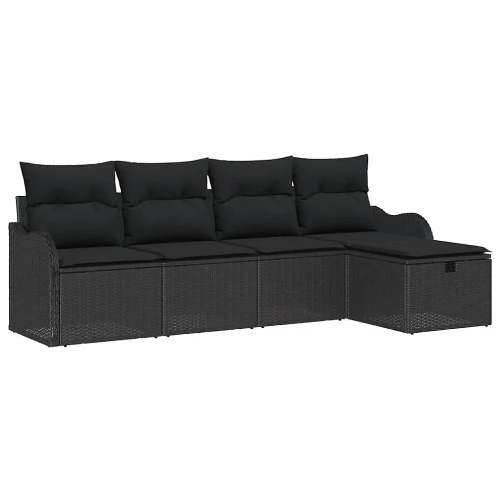 Modular Garden Sofa Set Black 5 Pieces Poly Rattan Outdoor Seating with Cushions
