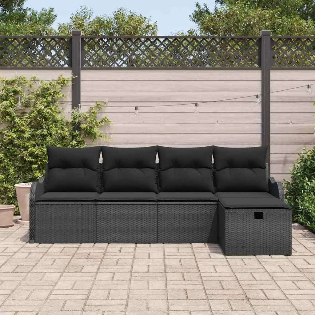 Modular Garden Sofa Set Black 5 Pieces Poly Rattan Outdoor Seating with Cushions
