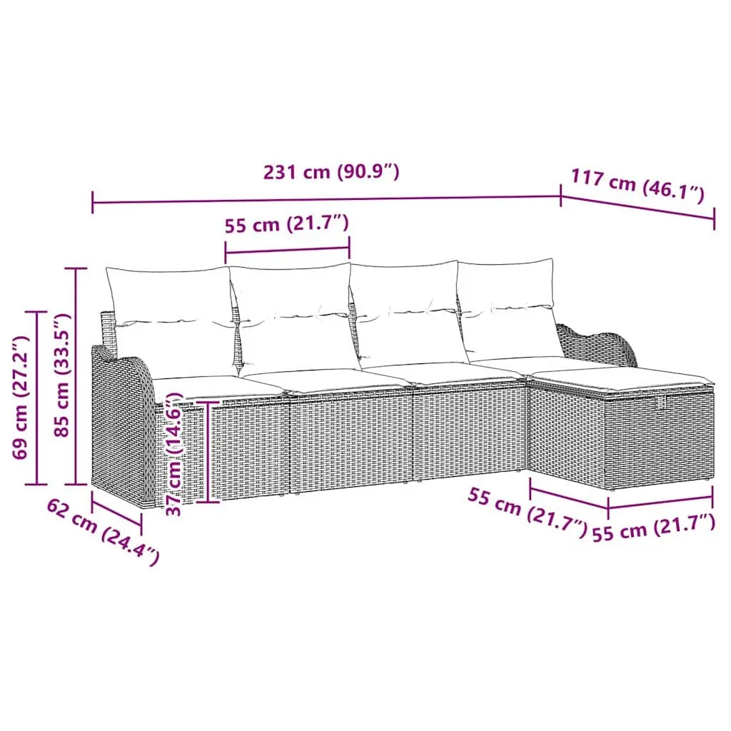 Modular Garden Sofa Set Black 5 Pieces Poly Rattan Outdoor Seating with Cushions