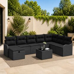 Concise Black Poly Rattan Outdoor Sofa with Storage