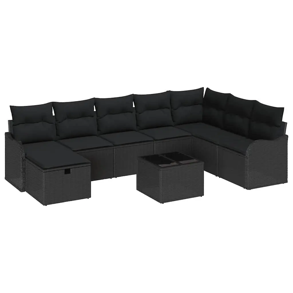 Garden Sofa Set Cushioned Black Poly Rattan Weather Resistant Furniture with Storage