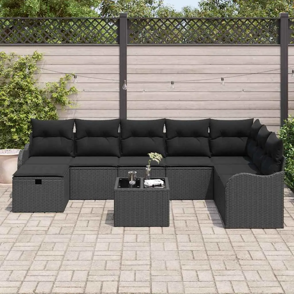 Garden Sofa Set Cushioned Black Poly Rattan Weather Resistant Furniture with Storage