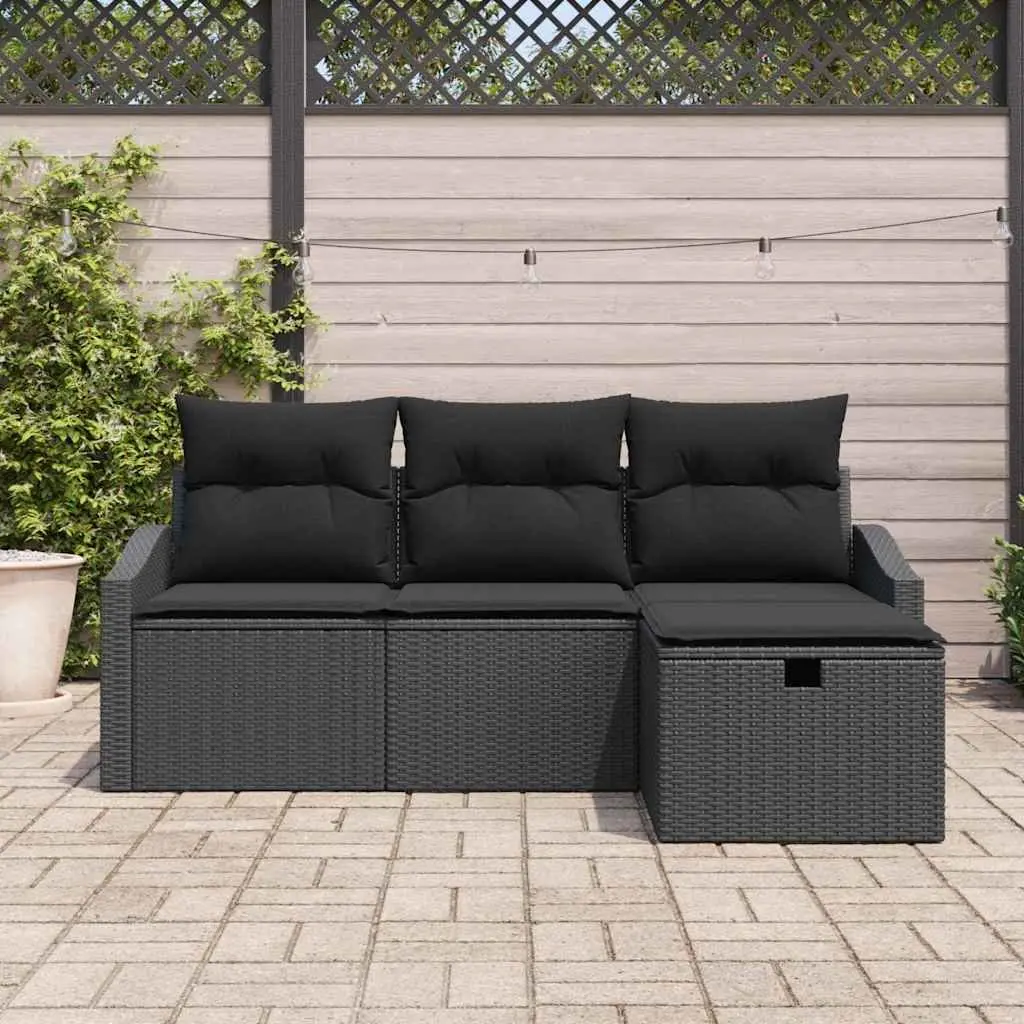 Outdoor Sofa Set 4 Piece Garden Furniture Poly Rattan Black with Storage