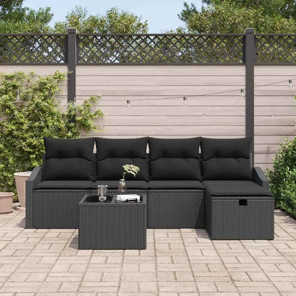 Modular Outdoor Sofa Set Black 6 Piece with Storage Poly Rattan